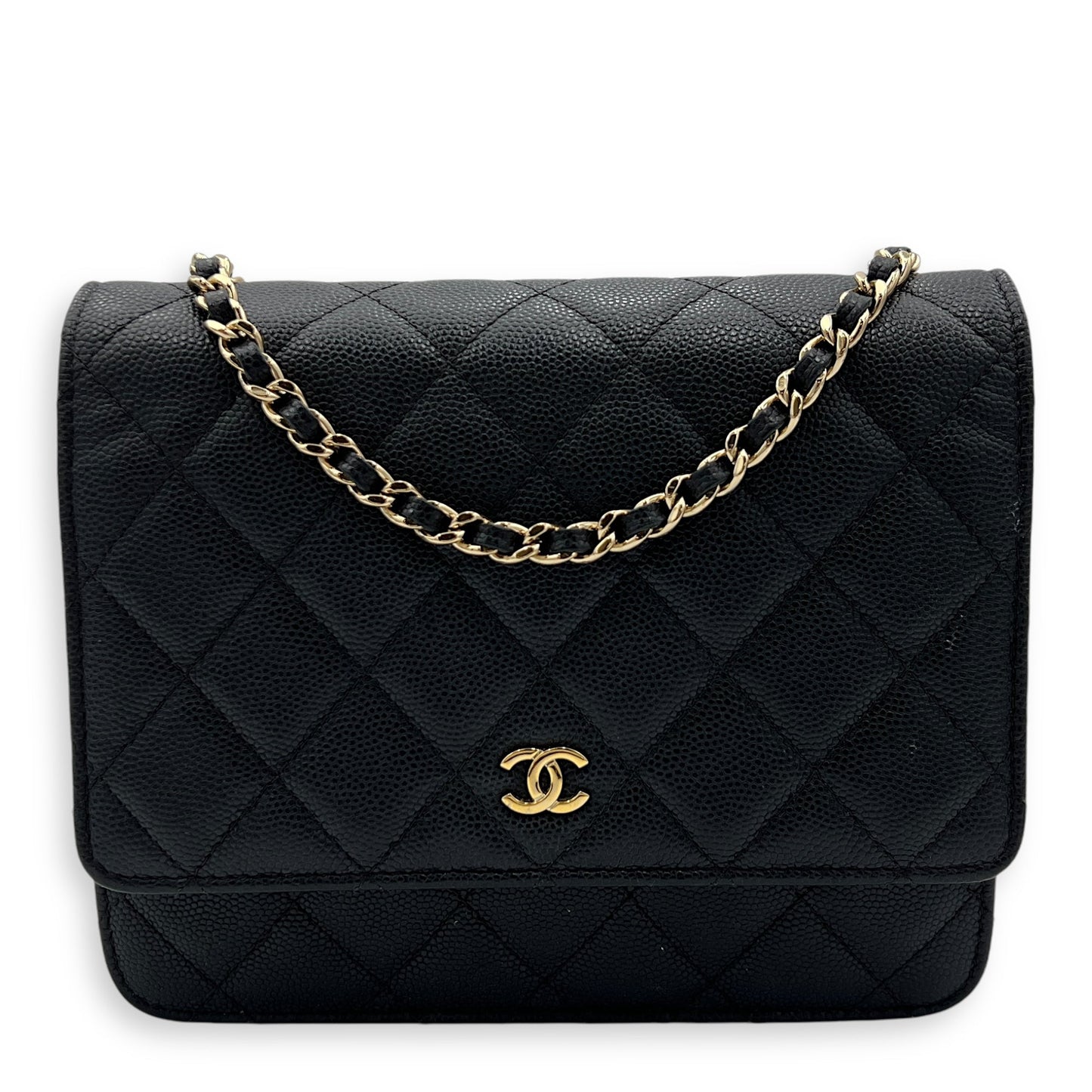 Quilted Black Wallet On Chain in Caviar Leather, Gold hardware
