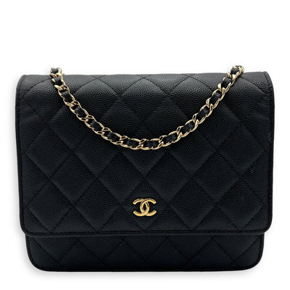 Quilted Black Wallet On Chain in Caviar Leather, Gold hardware