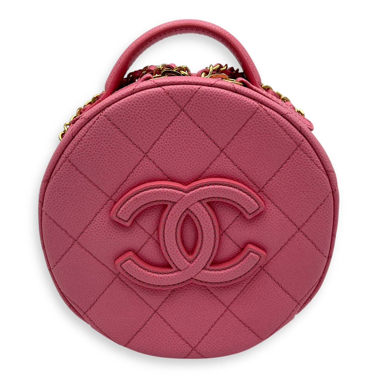 Round Crossbody Bag Pink in Caviar Leather, Gold hardware