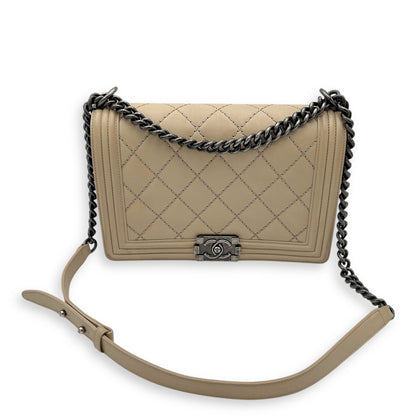 Boy Medium Beige Shoulder Bag in Calfskin, Gunmetal hardware
