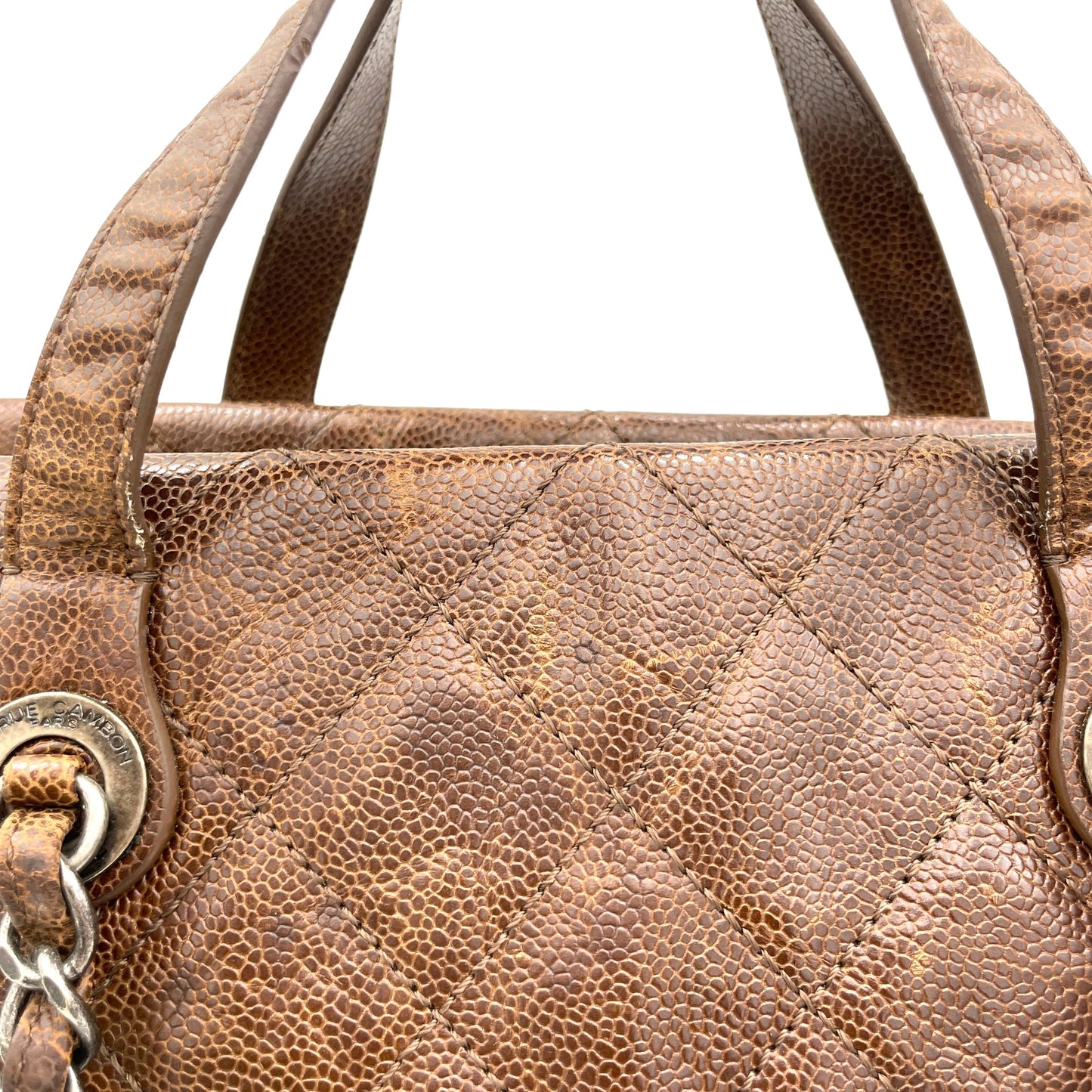 Two-way Brown Top Handle Bag in Caviar Leather, Ruthenium hardware