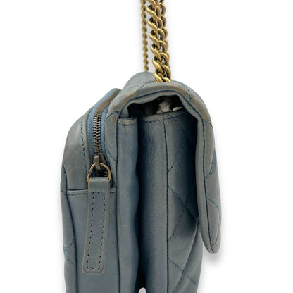 Double Crossbody Bag Grey in Calfskin, Gold hardware