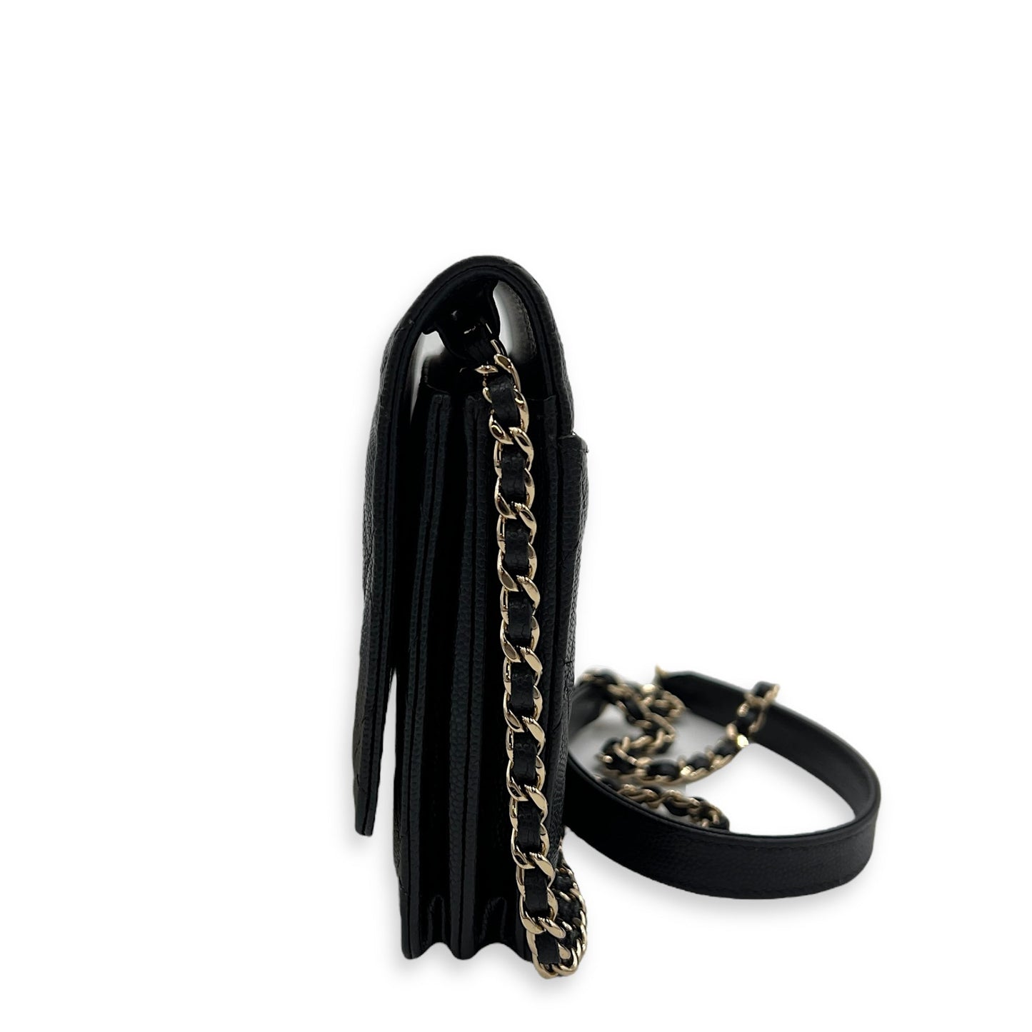 Quilted Black Wallet On Chain in Caviar Leather, Gold hardware