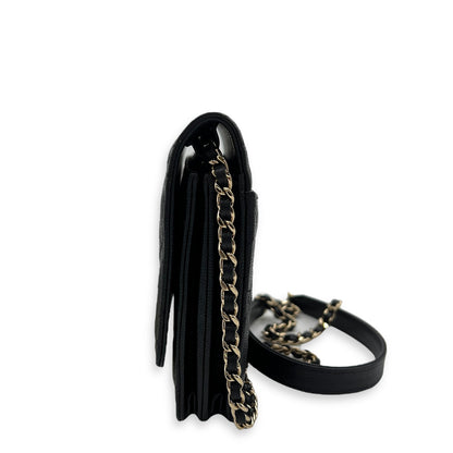 Quilted Black Wallet On Chain in Caviar Leather, Gold hardware