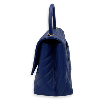 Coco Medium Blue Top Handle Bag in Caviar Leather, Gold hardware