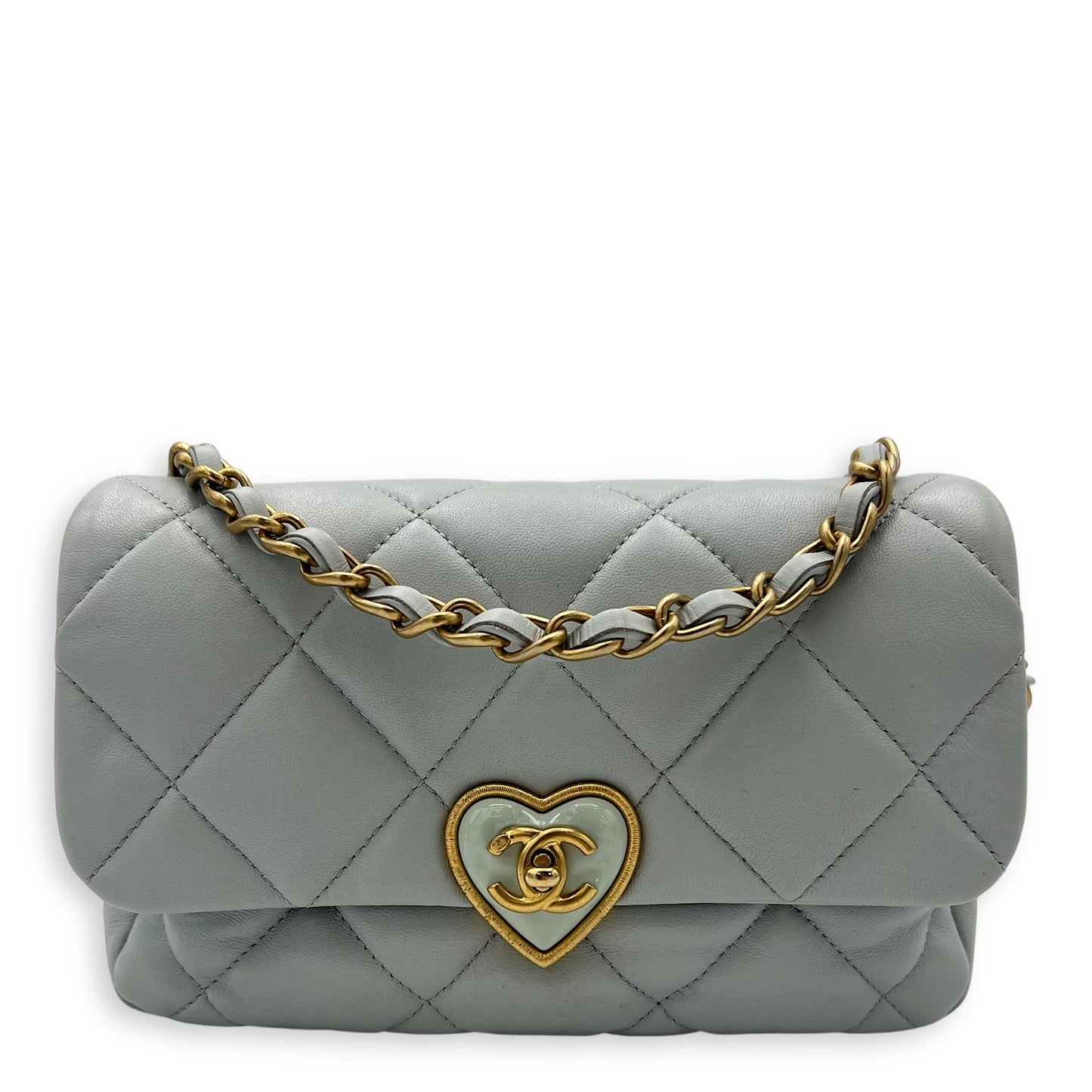 Heart Flap Shoulder Bag Blue in Lambskin, Gold hardware