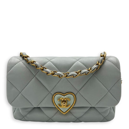Heart Flap Shoulder Bag Blue in Lambskin, Gold hardware