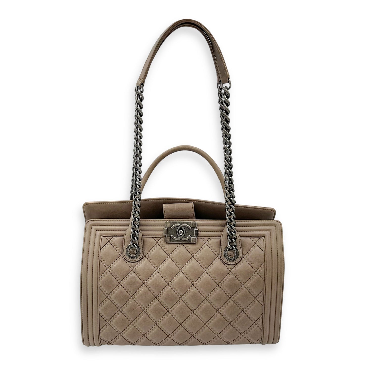 Boy Top Handle Bag Beige in Calfskin, Gunmetal hardware