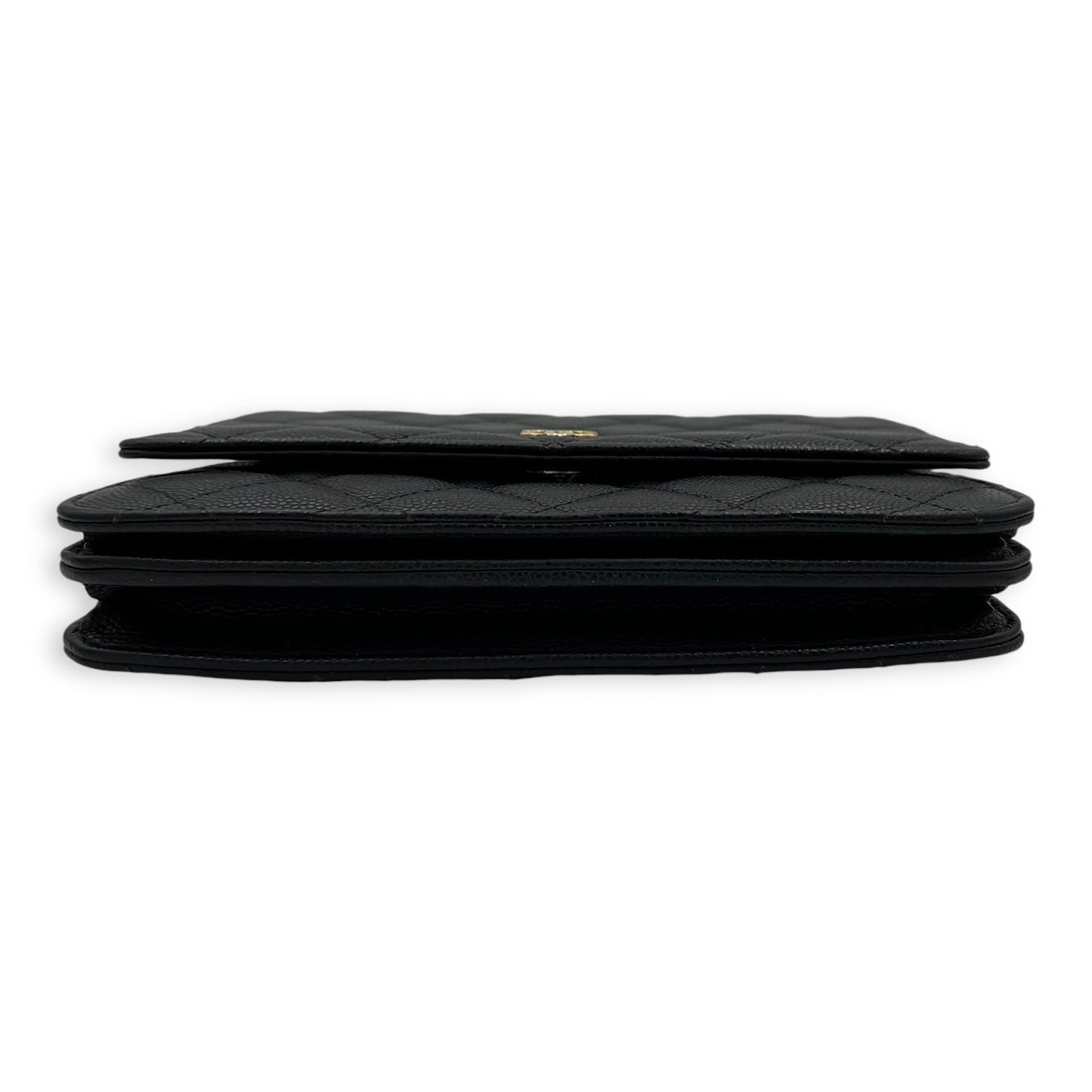 Quilted Black Wallet On Chain in Caviar Leather, Gold hardware