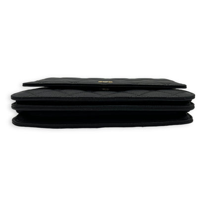 Quilted Black Wallet On Chain in Caviar Leather, Gold hardware