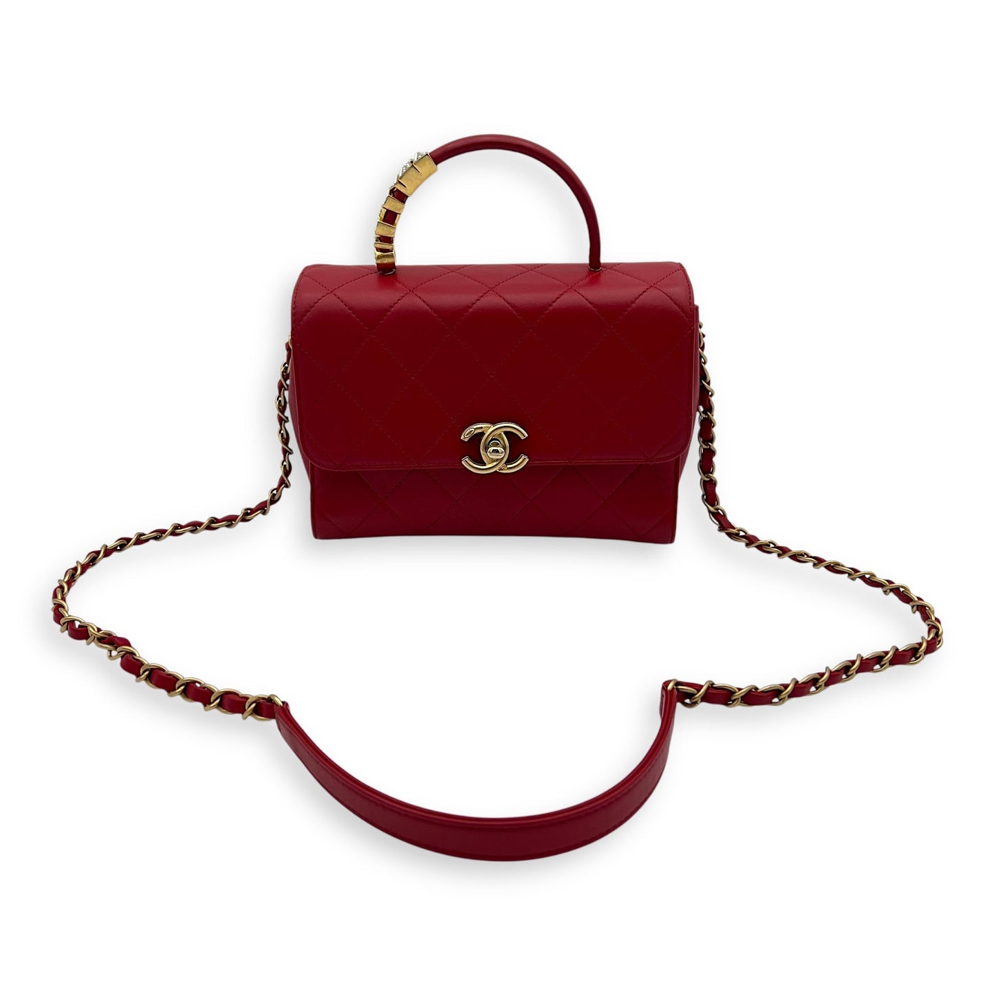CC Pearl Top Handle Bag Red in Lambskin, Gold hardware