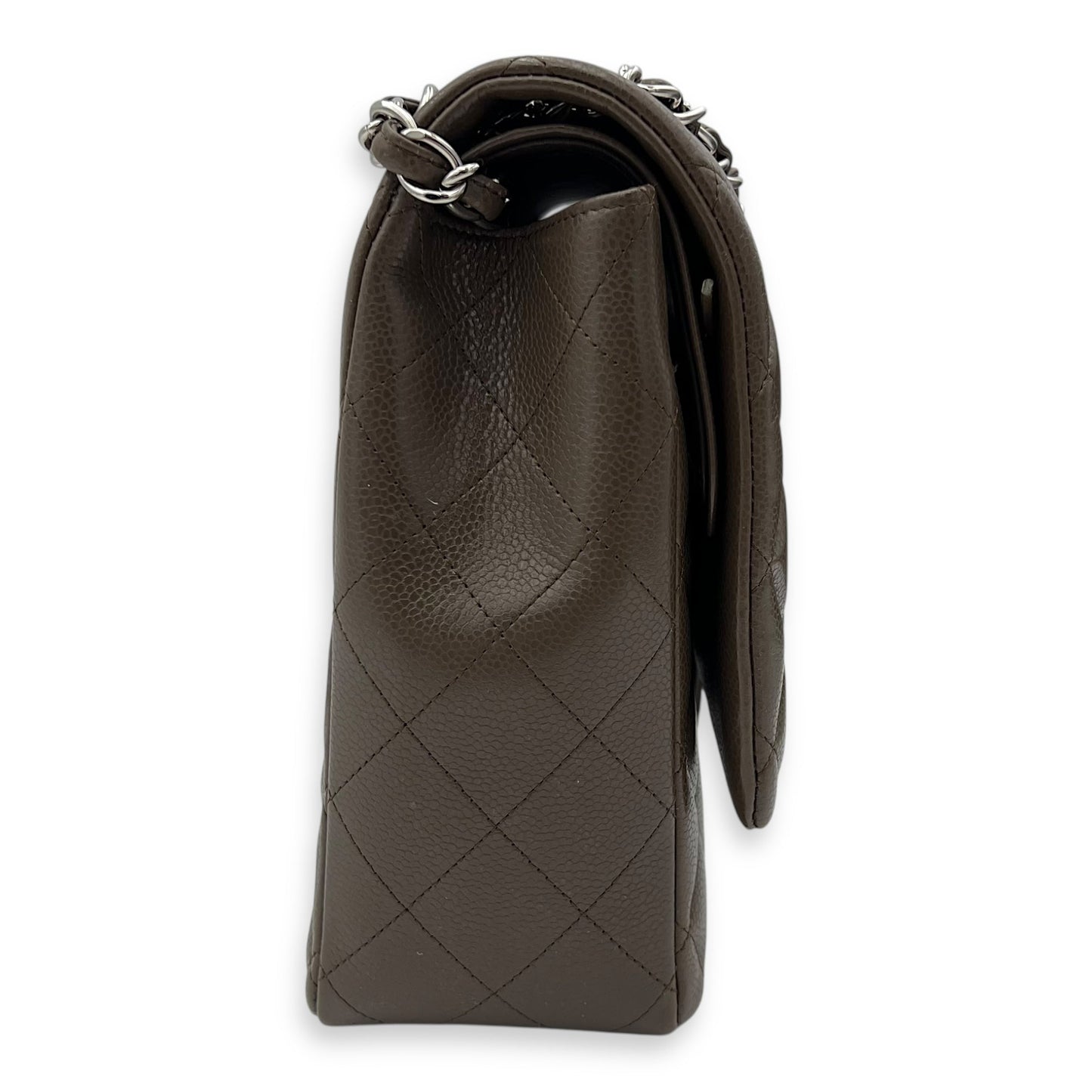 Classic Shoulder Bag Maxi Green in Caviar Leather, Silver hardware