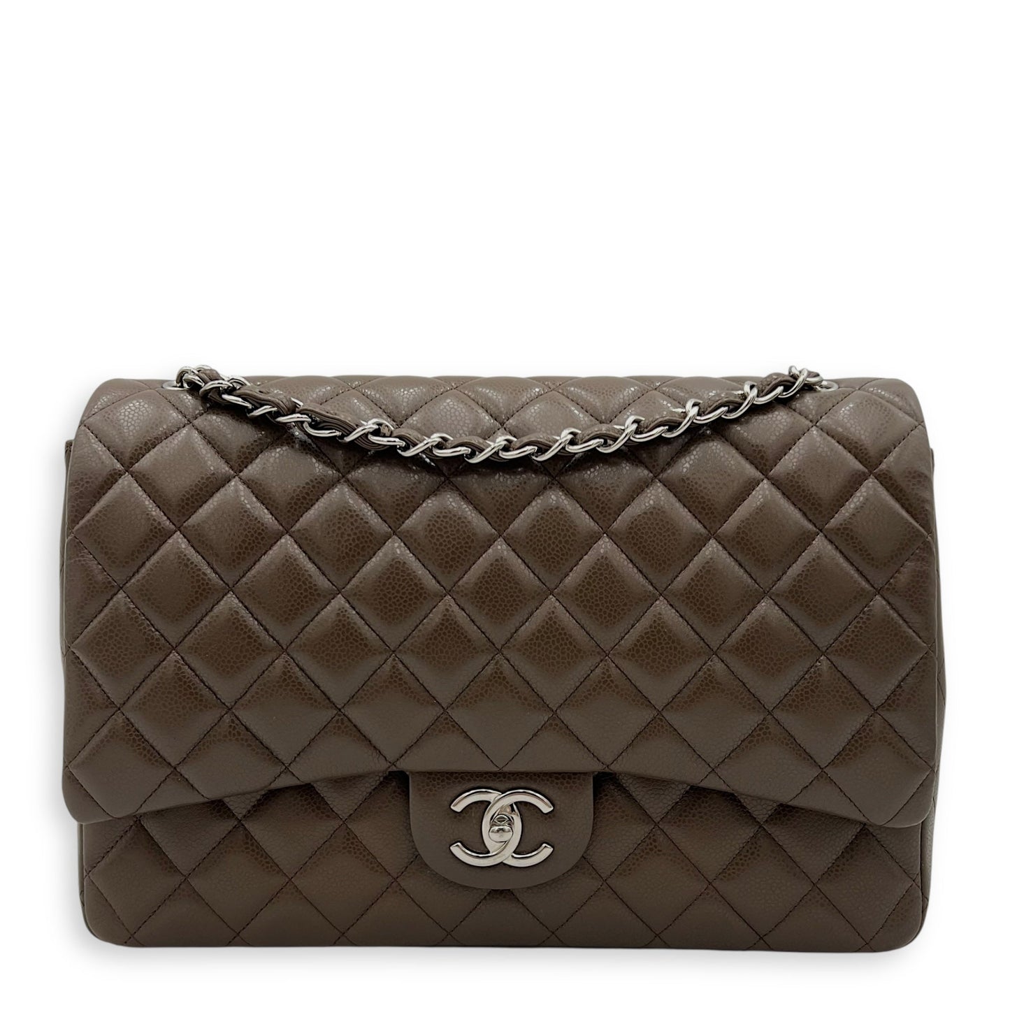 Classic Shoulder Bag Maxi Green in Caviar Leather, Silver hardware