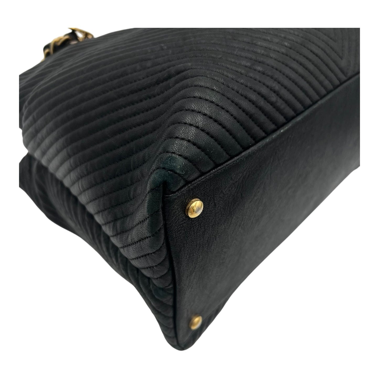 Chevron Shopping Tote Bag Black in Lambskin, Gold hardware