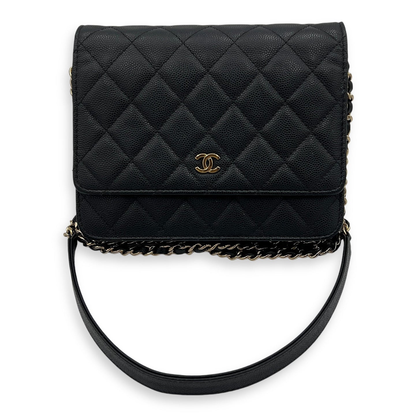 Quilted Black Wallet On Chain in Caviar Leather, Gold hardware