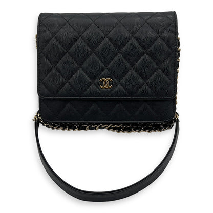 Quilted Black Wallet On Chain in Caviar Leather, Gold hardware