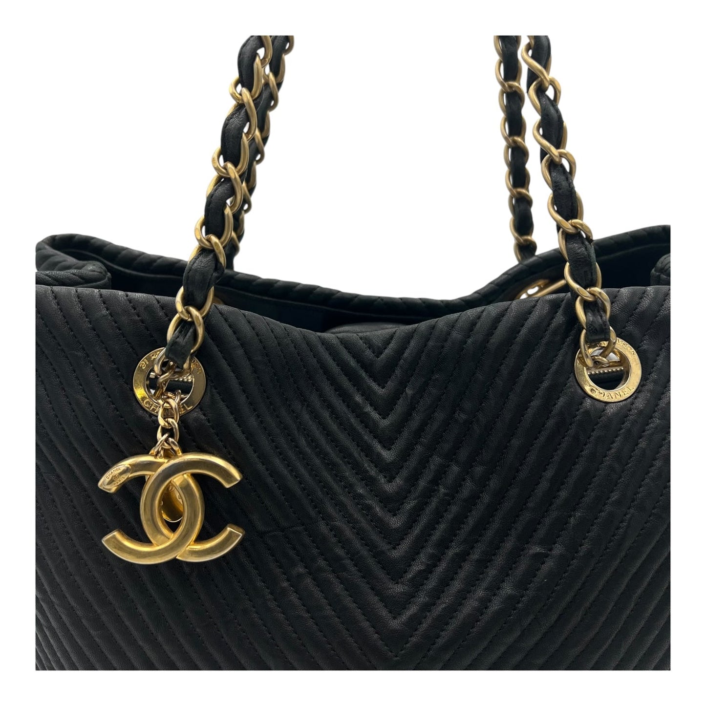 Chevron Shopping Tote Bag Black in Lambskin, Gold hardware