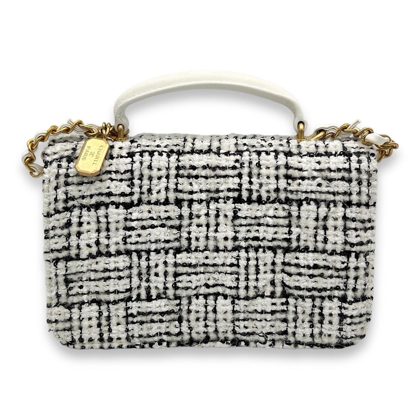 Quilted Seasonal Top Handle Bag White in Tweed, Gold hardware