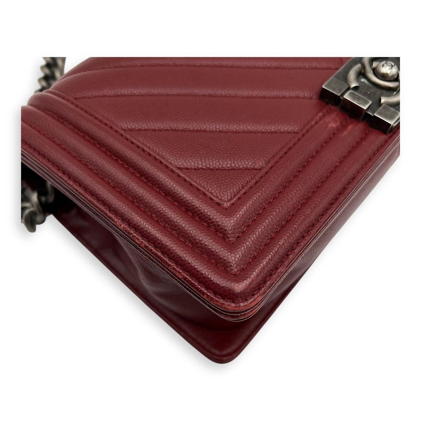 Boy Medium Chevron Shoulder Bag in Caviar Leather, Ruthenium hardware