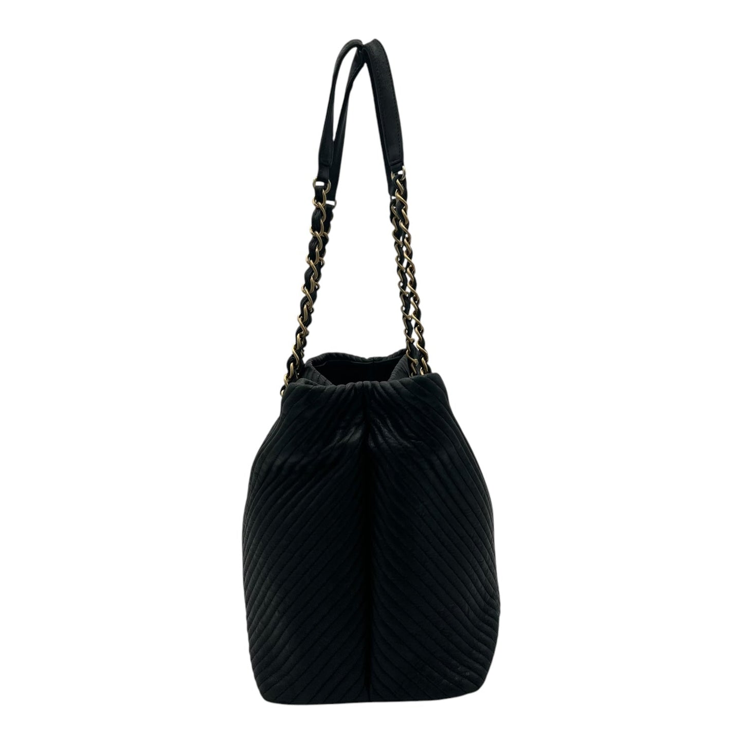 Chevron Shopping Tote Bag Black in Lambskin, Gold hardware