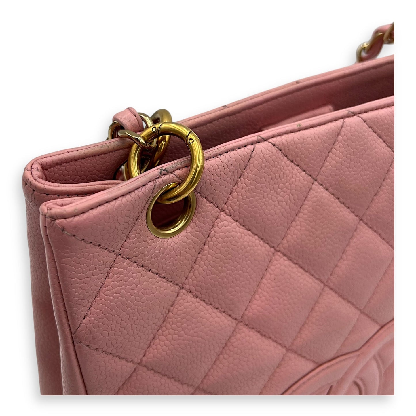 PST Petite Shopping Pink Tote Bag in Caviar Leather, Gold hardware