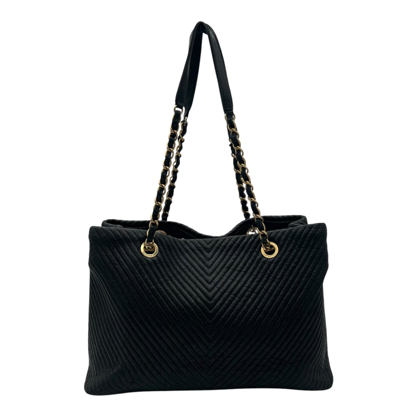 Chevron Shopping Tote Bag Black in Lambskin, Gold hardware