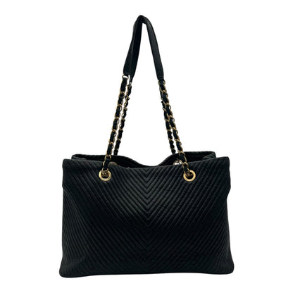 Chevron Shopping Tote Bag Black in Lambskin, Gold hardware