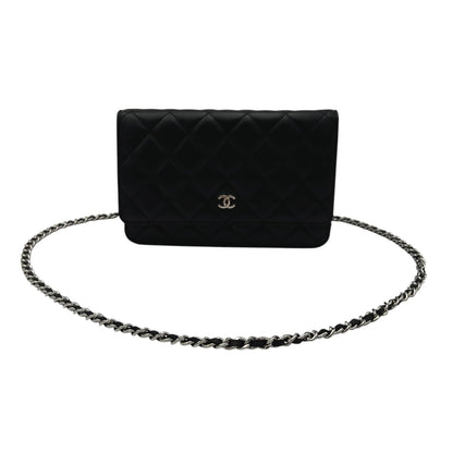 Classic Wallet On Chain Black in Lambskin, Silver hardware