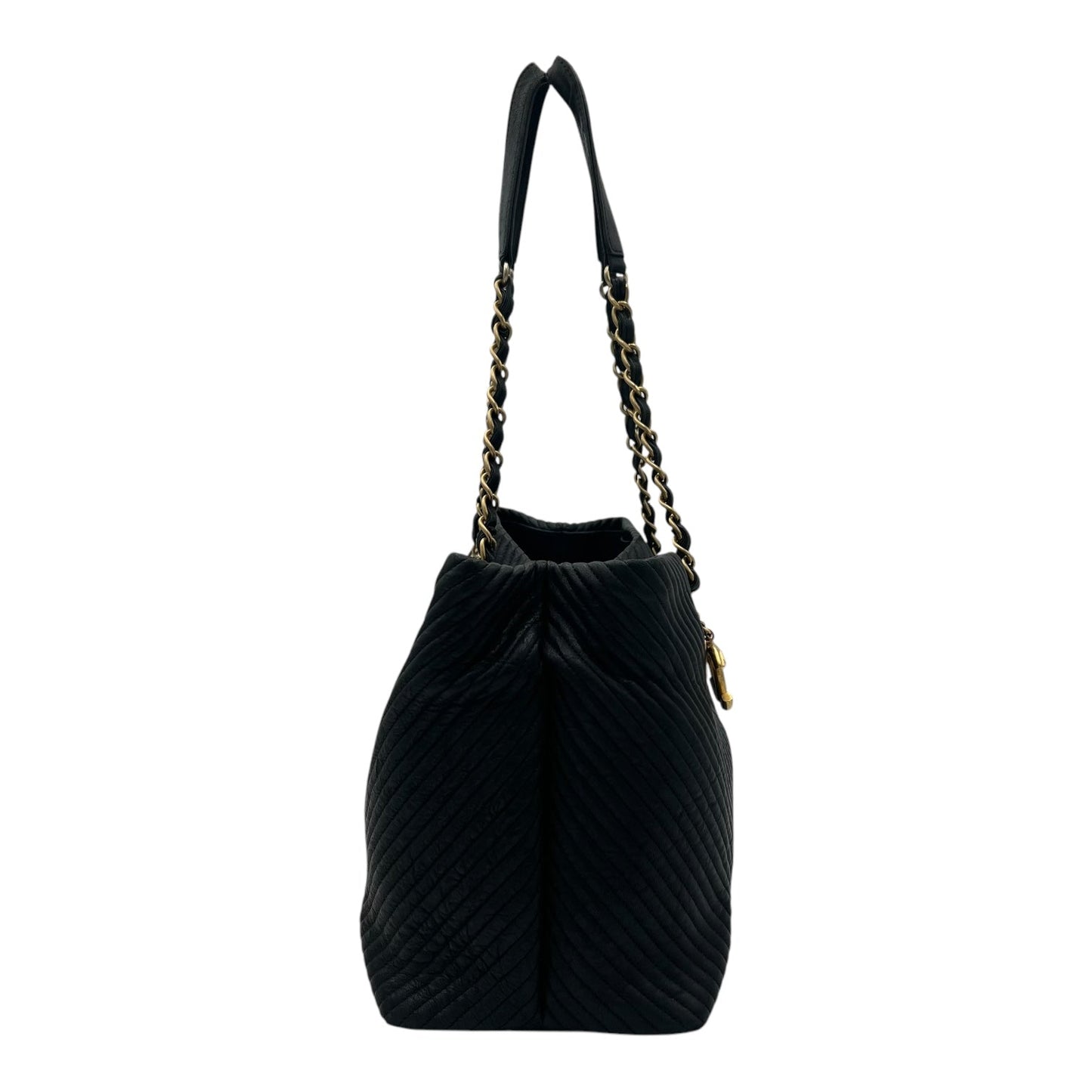 Chevron Shopping Tote Bag Black in Lambskin, Gold hardware