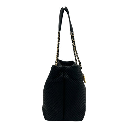 Chevron Shopping Tote Bag Black in Lambskin, Gold hardware