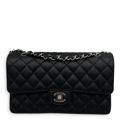 Classic Medium Black Shoulder Bag in Caviar Leather, Silver hardware
