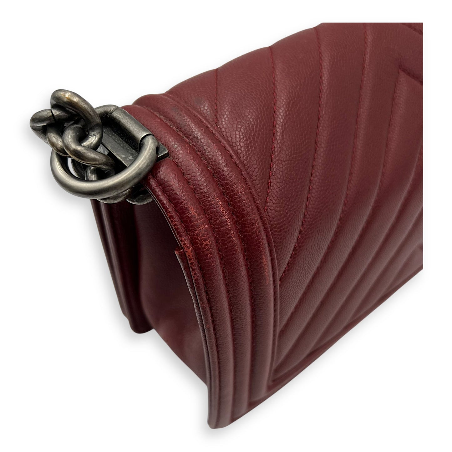 Boy Medium Chevron Shoulder Bag in Caviar Leather, Ruthenium hardware