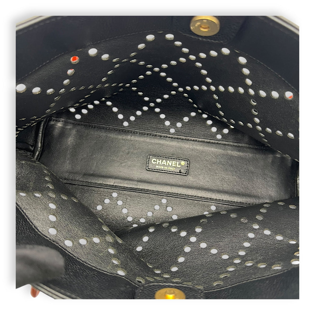 CC Perforated Black Tote Bag in Caviar Leather, Acrylic hardware