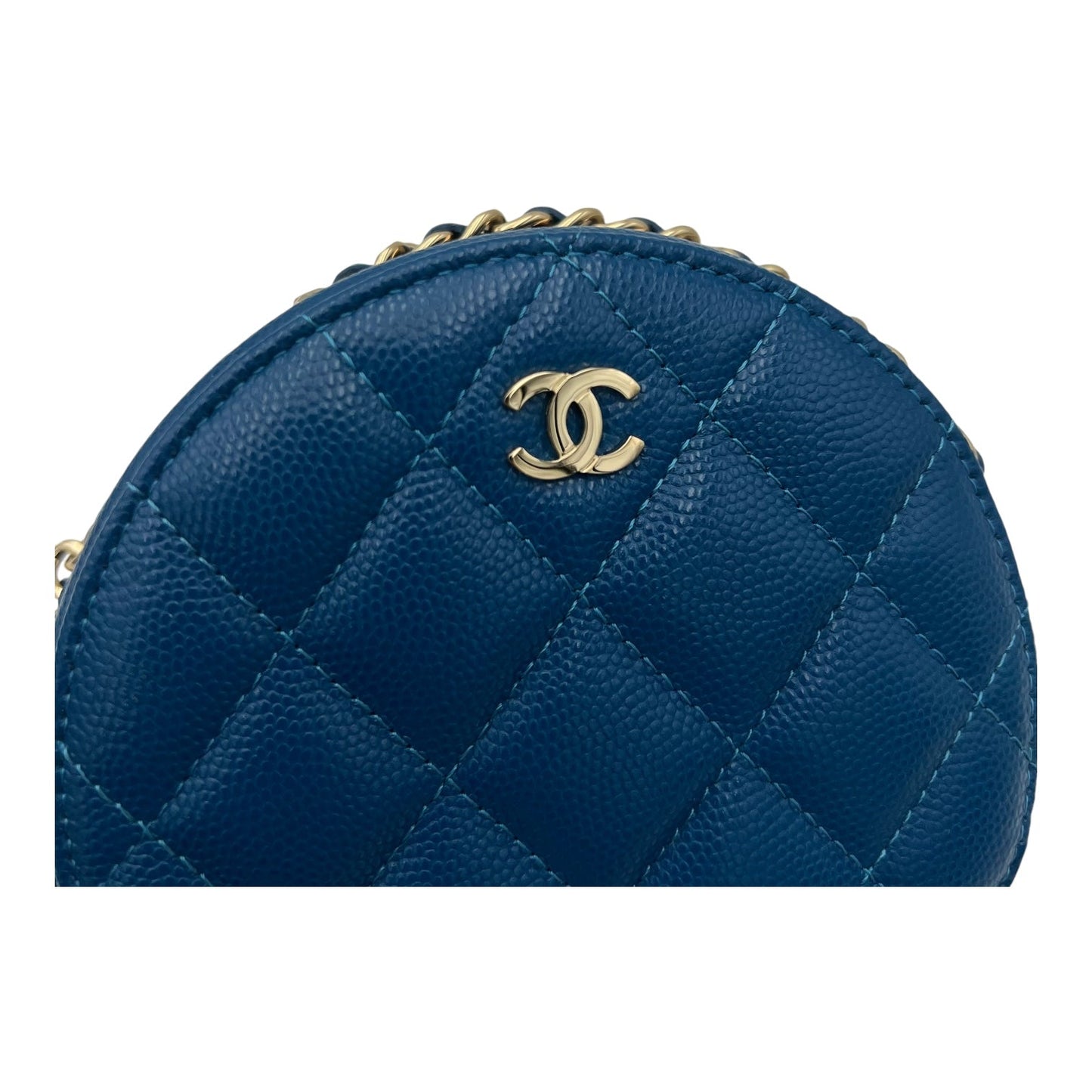 Round CC Crossbody Bag Blue in Caviar Leather, Gold hardware