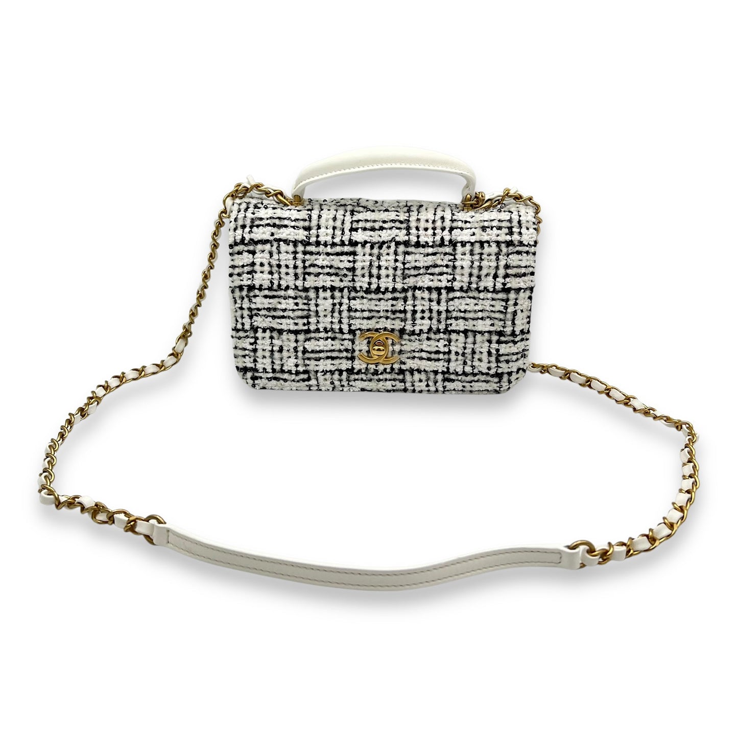 Quilted Seasonal Top Handle Bag White in Tweed, Gold hardware