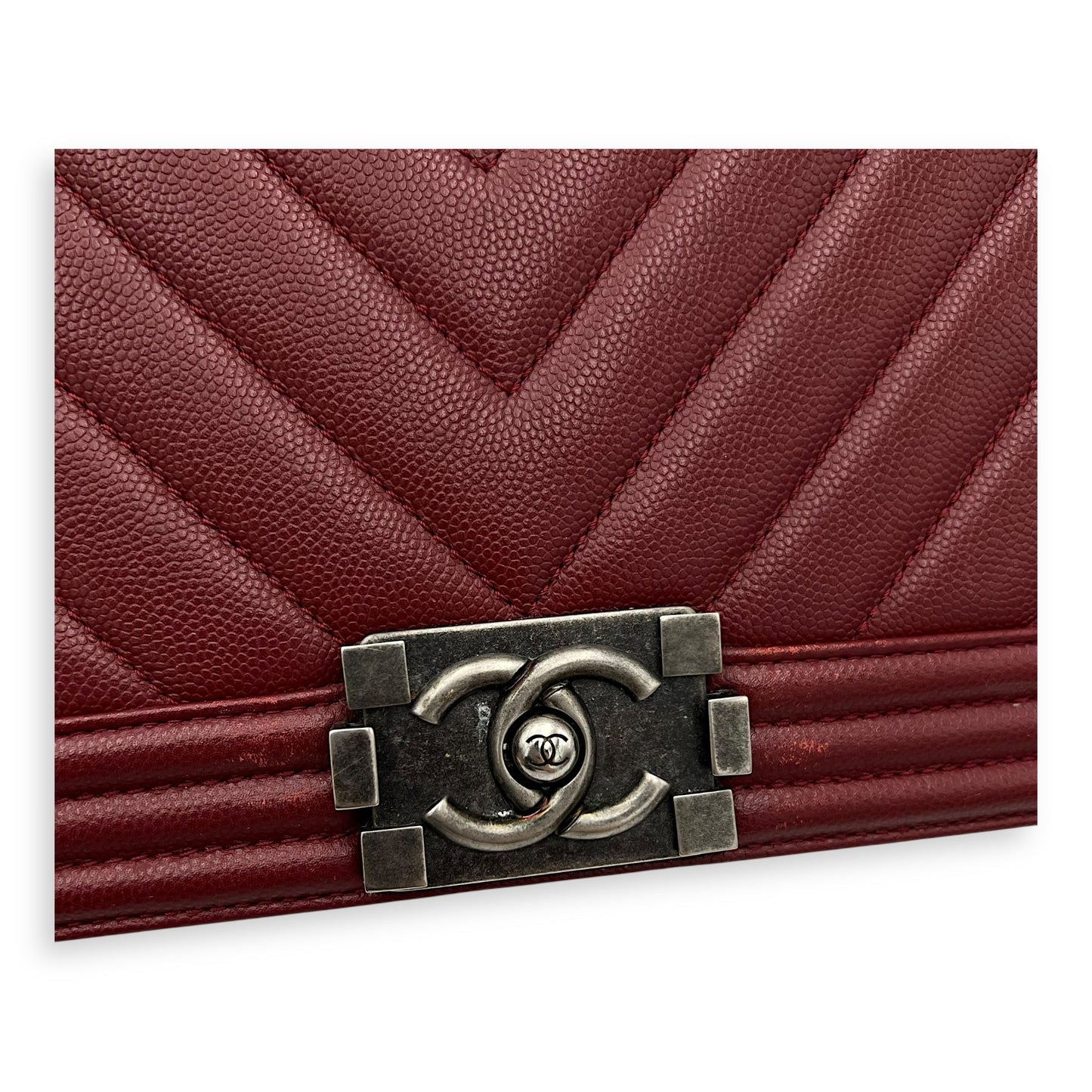 Boy Medium Chevron Shoulder Bag in Caviar Leather, Ruthenium hardware