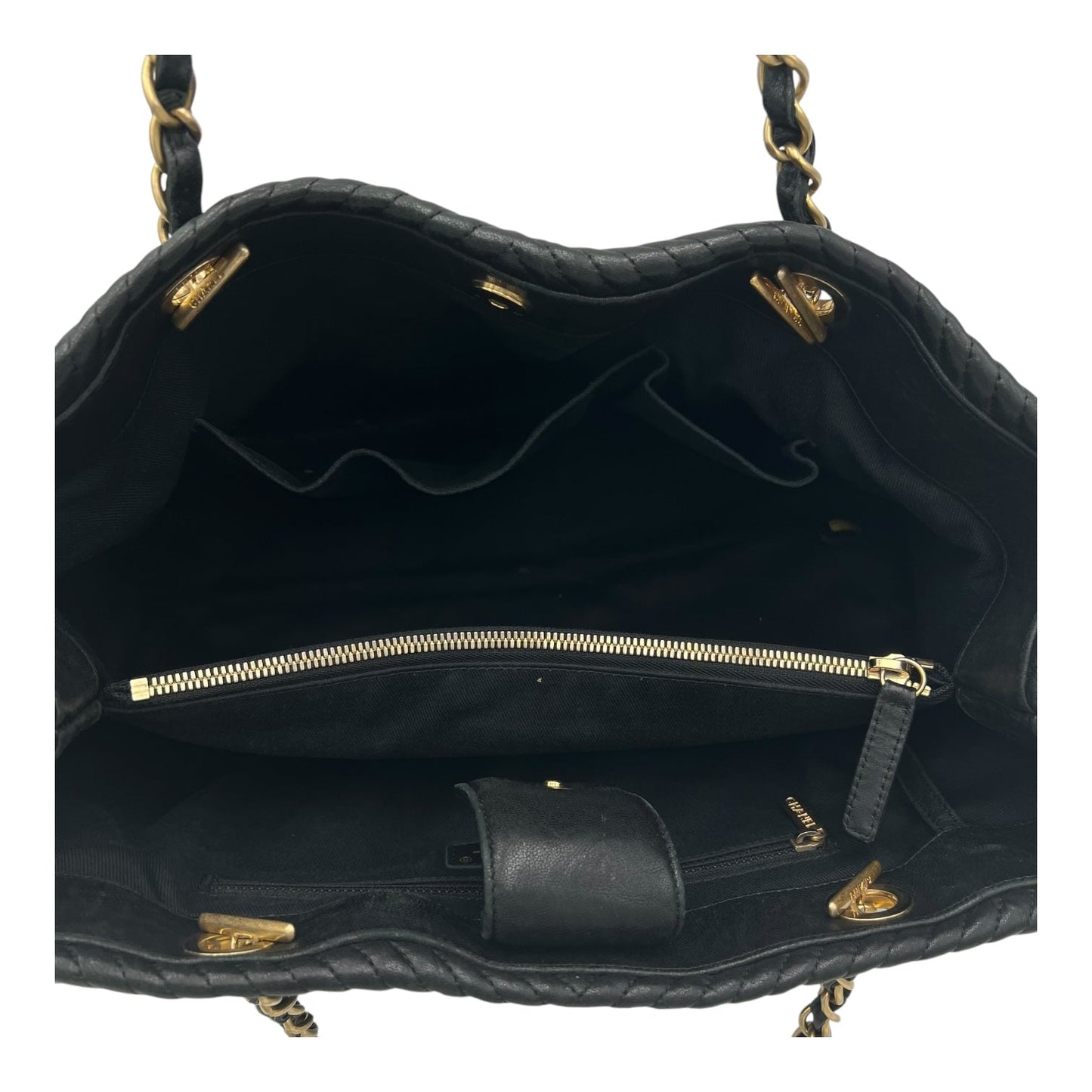 Chevron Shopping Tote Bag Black in Lambskin, Gold hardware