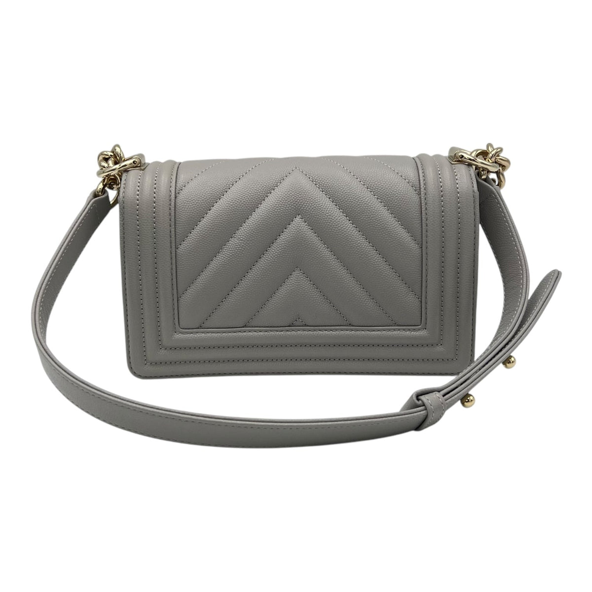 Chevron Quilted Boy Small Grey Shoulder Bag in Caviar Leather, Gold hardware