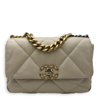 C19 Small Beige Crossbody Bag in Calfskin, Mixed hardware