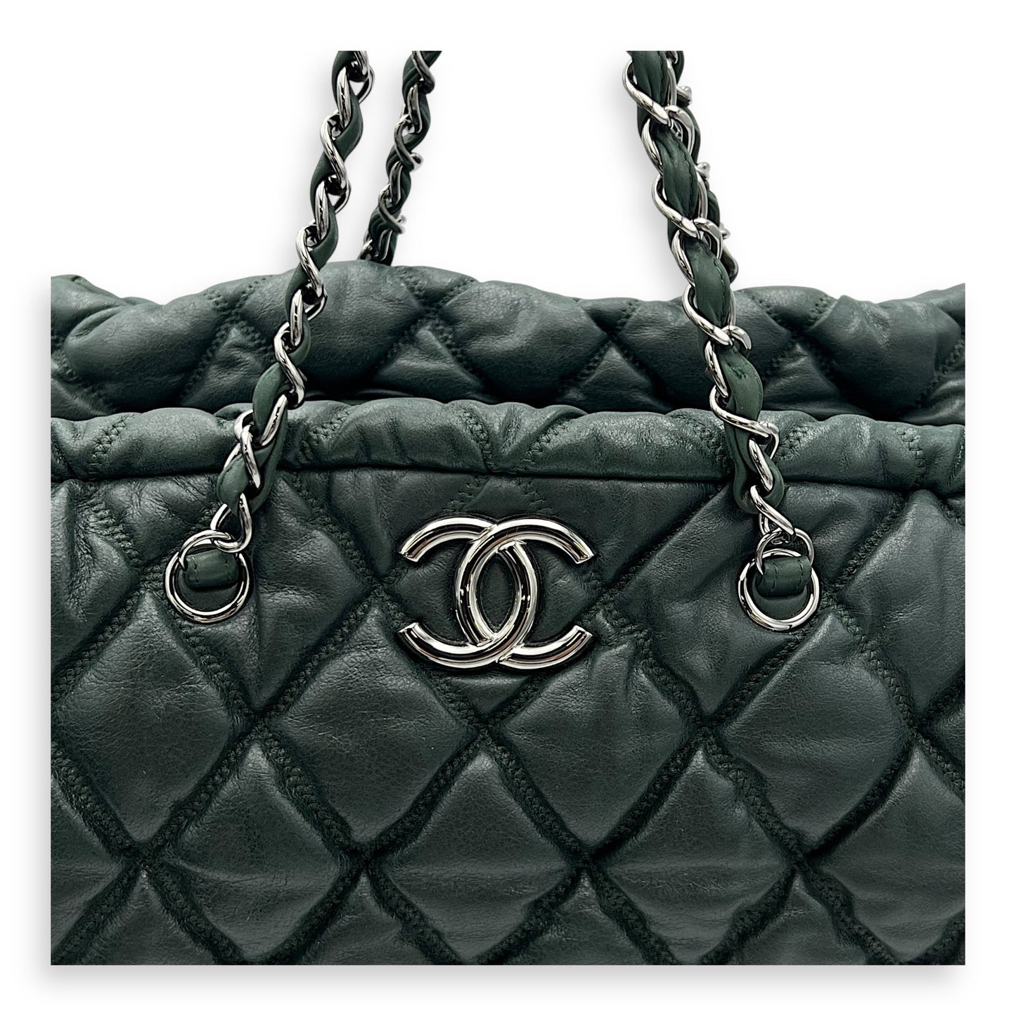 Bubble Bowler Shoulder Bag Green in Calfskin, Silver hardware