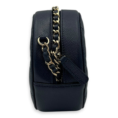 Round CC Crossbody Bag Blue in Caviar Leather, Gold hardware