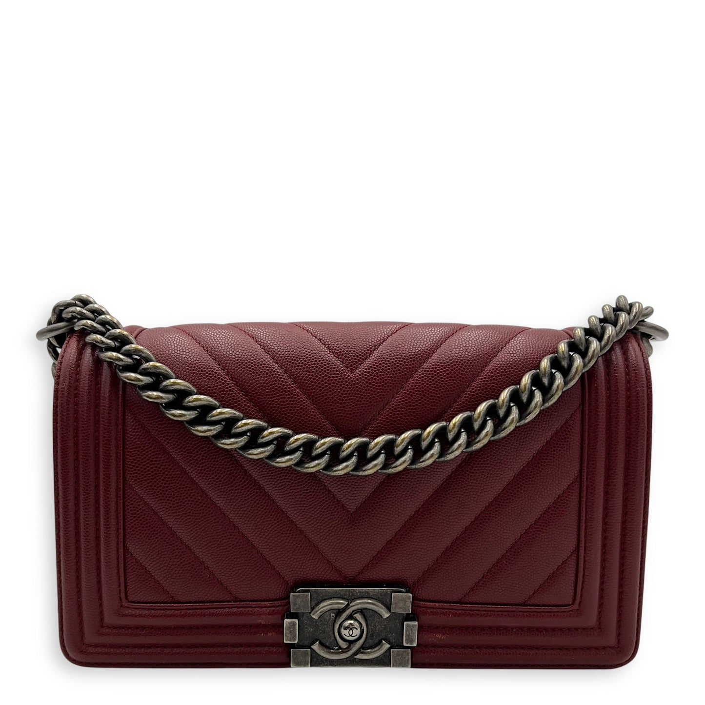 Boy Medium Chevron Shoulder Bag in Caviar Leather, Ruthenium hardware
