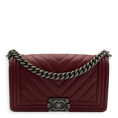 Boy Medium Chevron Shoulder Bag in Caviar Leather, Ruthenium hardware