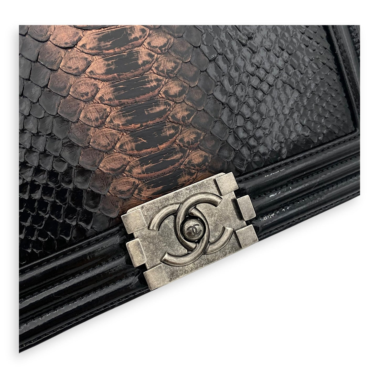 Boy Black Shoulder Bag in Python and Patent Leather, Ruthenium hardware