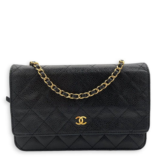 WOC Wallet On Chain Small Black in Caviar Leather, Gold hardware