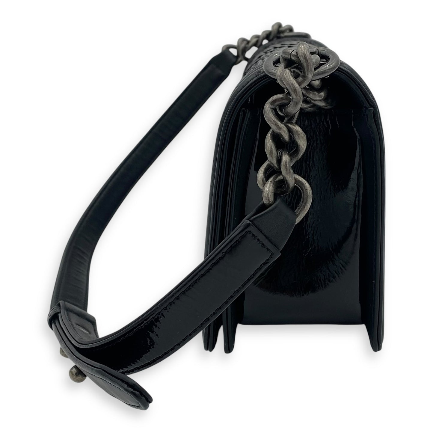 Boy Black Shoulder Bag in Python and Patent Leather, Ruthenium hardware