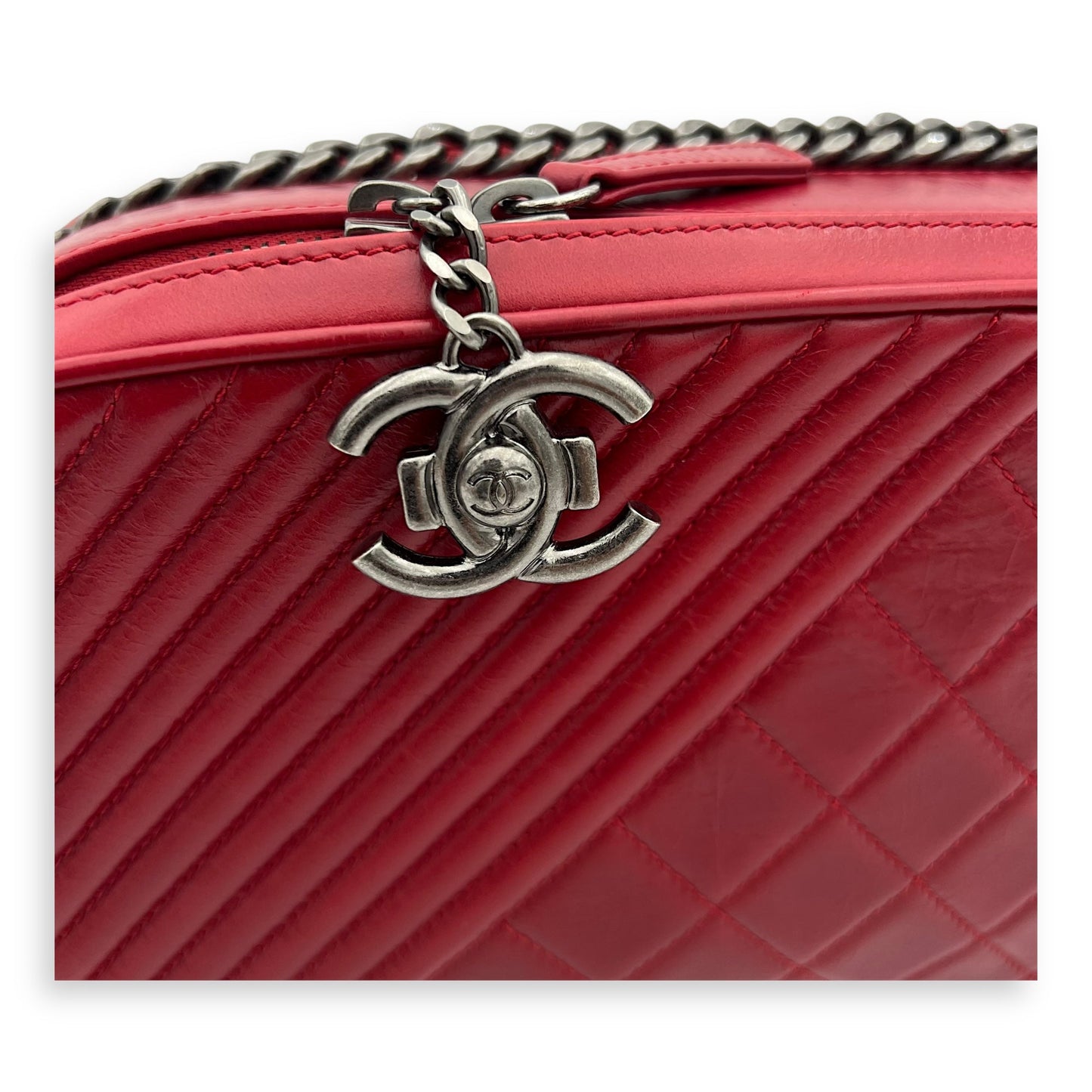 Coco Boy Camera Red Crossbody Bag in Calfskin, Ruthenium hardware