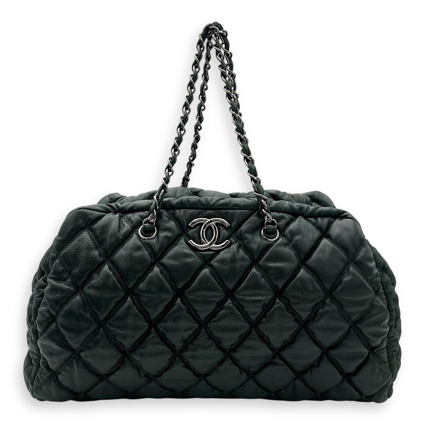 Bubble Bowler Shoulder Bag Green in Calfskin, Silver hardware