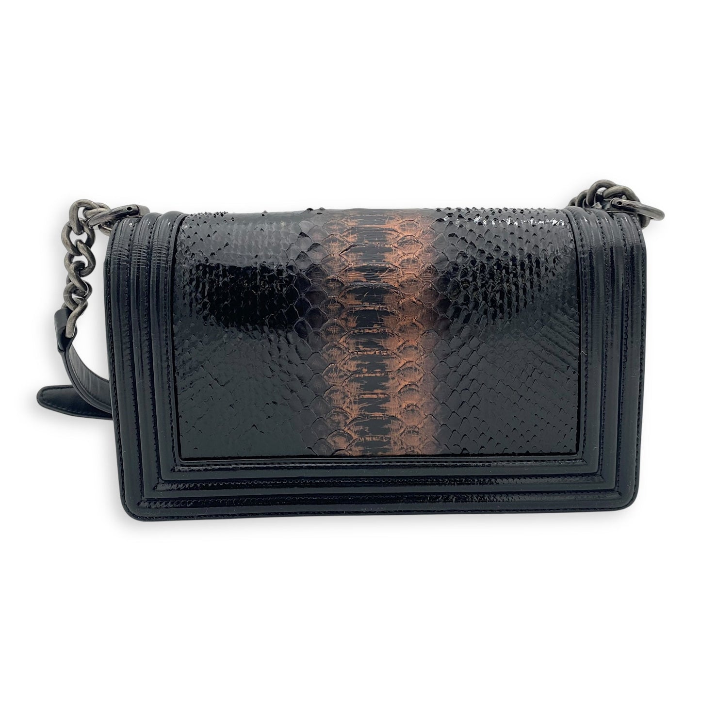 Boy Black Shoulder Bag in Python and Patent Leather, Ruthenium hardware