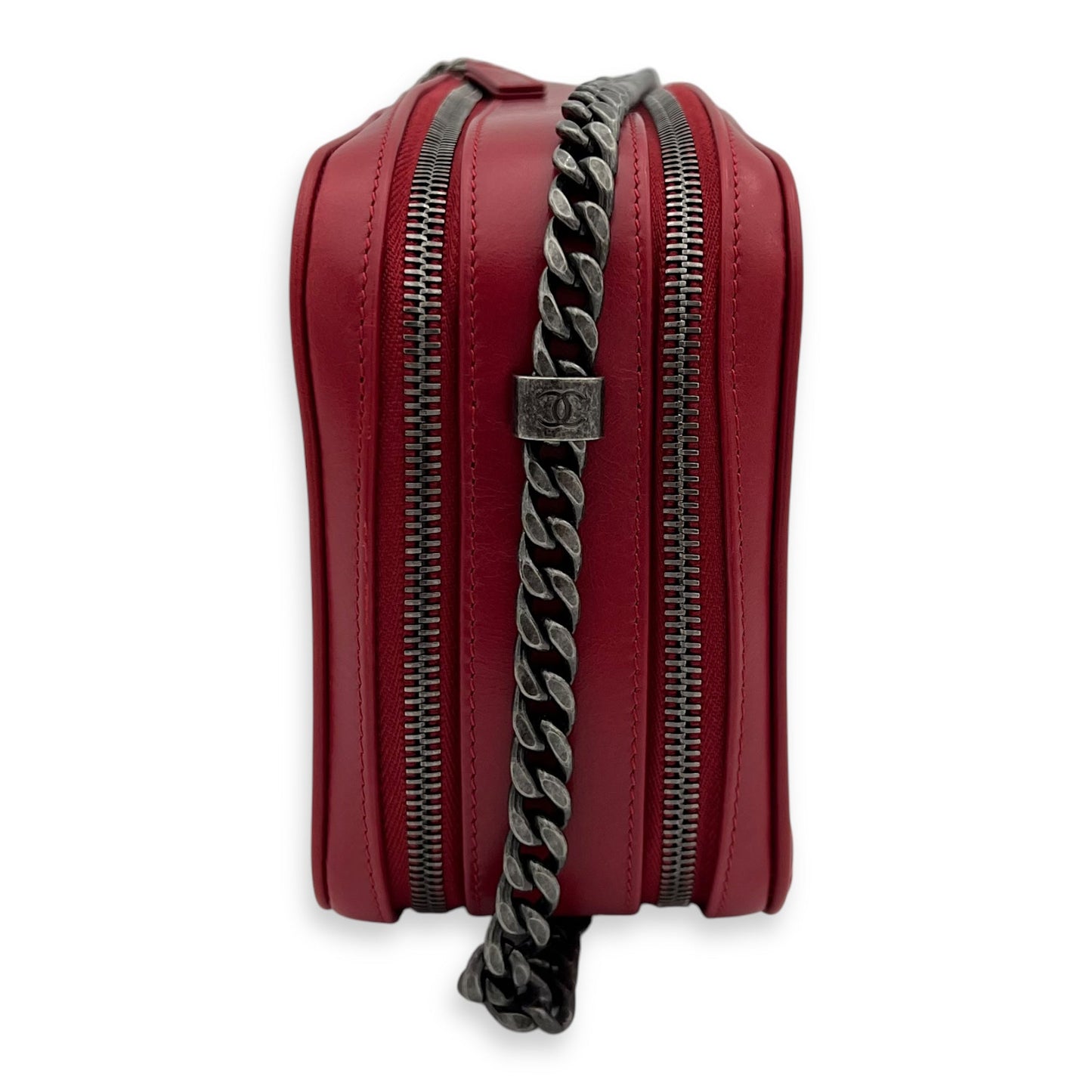 Coco Boy Camera Red Crossbody Bag in Calfskin, Ruthenium hardware